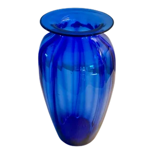 Cobalt Blue Optic-Rib Blown Glass Vase Early Work by Ed Pennebaker