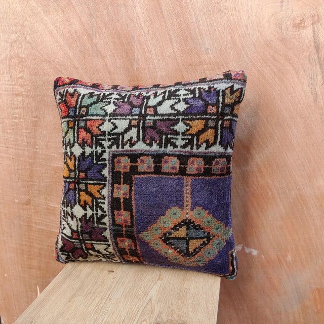 Textile 16×16 Vintage Turkish Rug Pillow – Handmade Boho Decorative Sofa Cushion For Sale - Image 7 of 11