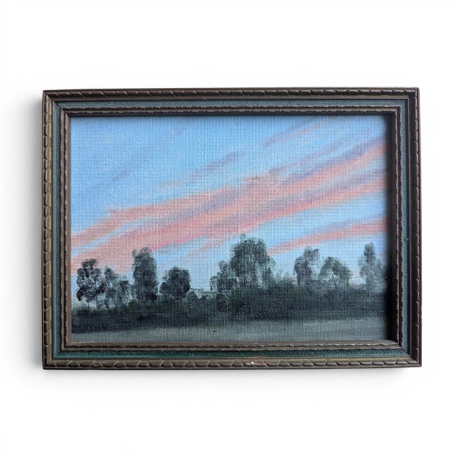 Original Sunset Cotton Candy Evening Sky Acrylic Painting on Canvas Board in a Vintage Wooden Frame 7.75" x 5.75"