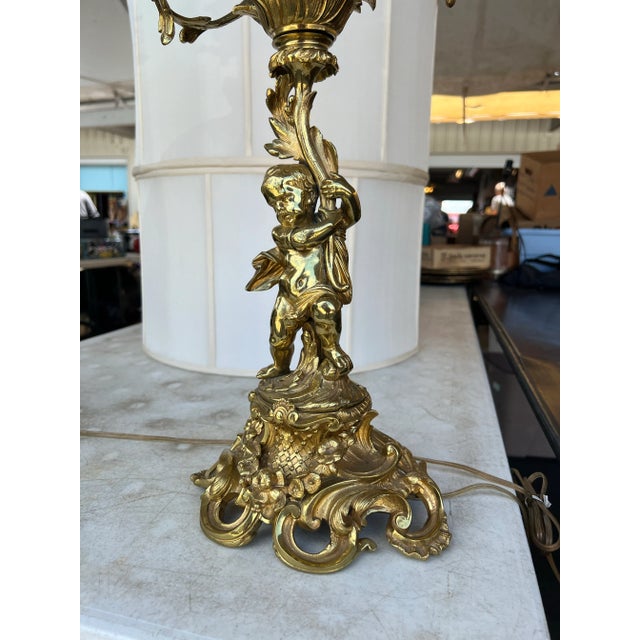 Mid 20th Century Pair of French Gilt Bronze Figural Candelabra Table Lamp With Cherub For Sale - Image 5 of 6