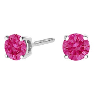 14K White Gold 1.0 Cttw Round Brilliant Cut Lab Grown Pink Diamond 4-Prong Classic Solitaire Earrings, A Pair For Sale