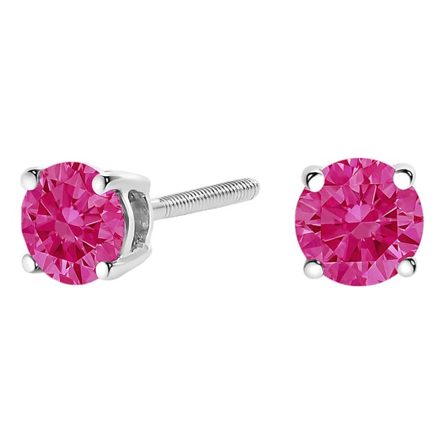 14K White Gold 1.0 Cttw Round Brilliant Cut Lab Grown Pink Diamond 4-Prong Classic Solitaire Earrings, A Pair For Sale