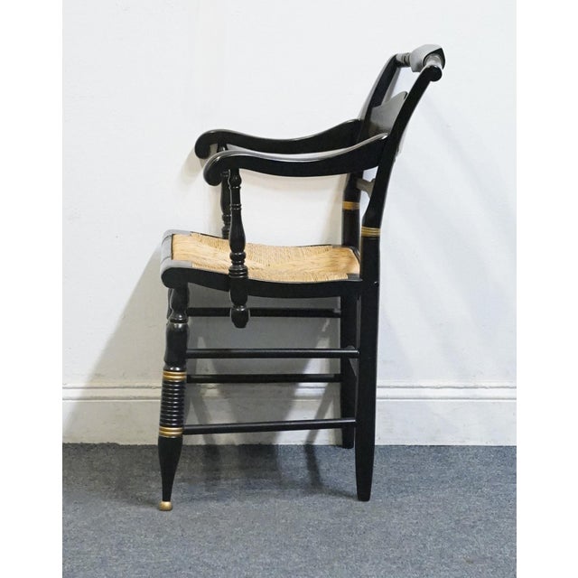 Wood Ethan Allen Hand Decorated Collection Black & Gold Hitchcock Style Arm Chair W. Rush Seat 14-6110a For Sale - Image 7 of 10