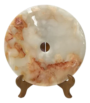 11.75" Natural White Brown Onyx Stone Round Fengshui Home Decor Display