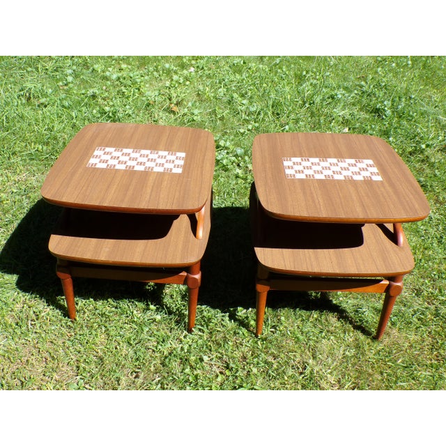 Vintage Pair Reiss Mid Century Modern 2 Tier Tile Top Walnut Side Tables For Sale - Image 4 of 17