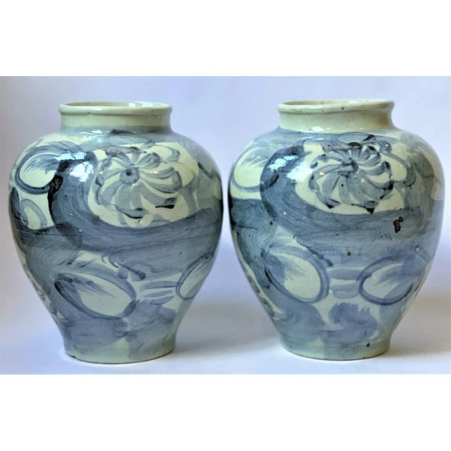 Contemporary Indigo Blue and Ivory Water Color Abstract Vases - a Pair For Sale - Image 4 of 12