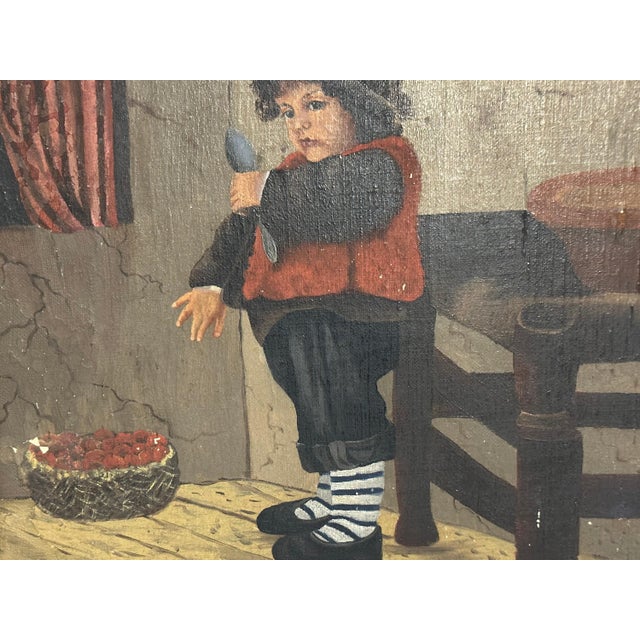 Folk Art Antique Folk Art Oil Painting: Young German Boy with Spoon For Sale - Image 3 of 9