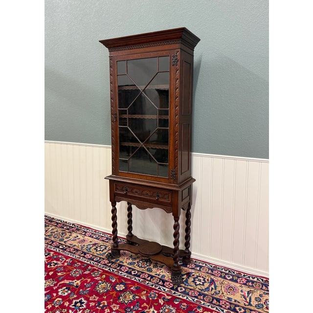 Brown Antique English Oak Jacobean Revival Bookcase Barley Twist Display Cabinet C1890 For Sale - Image 8 of 17