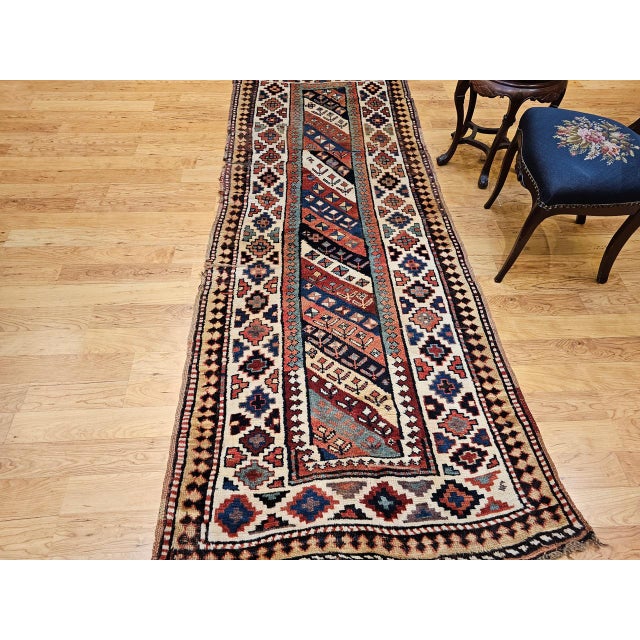 19th Century Gendje Kazak Runner, Hand-Knotted, Wool Pile, Caucasus, 4' x 9' For Sale - Image 4 of 18