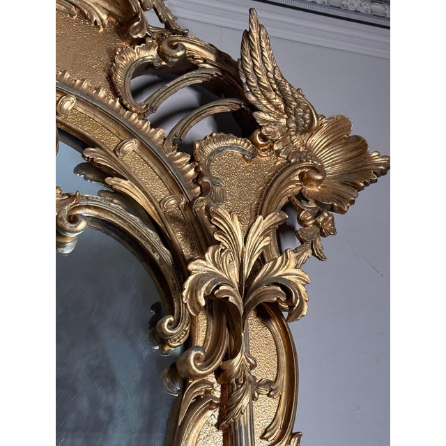 Gold Monumental English Late 1800 Rococo /Chippendale Revival Carved Giltwood Overmantle Mirror With Ho-Ho Birds For Sale - Image 8 of 14