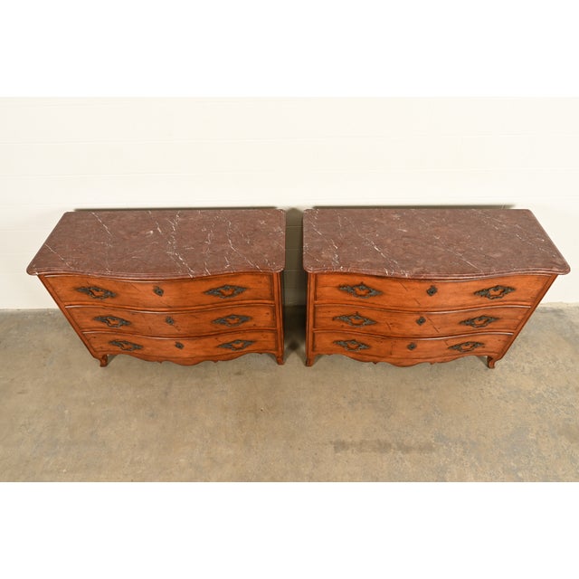 Ralph Lauren French Provincial Louis XV Carved Walnut Marble Top Commodes or Chests of Drawers, Pair For Sale - Image 13 of 16