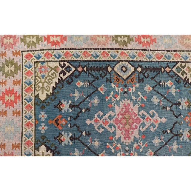 Ivory Vintage Turkish Kilim Rug in Blue, Coral, Ivory, and Olive 5'7 X 14'2 For Sale - Image 8 of 13
