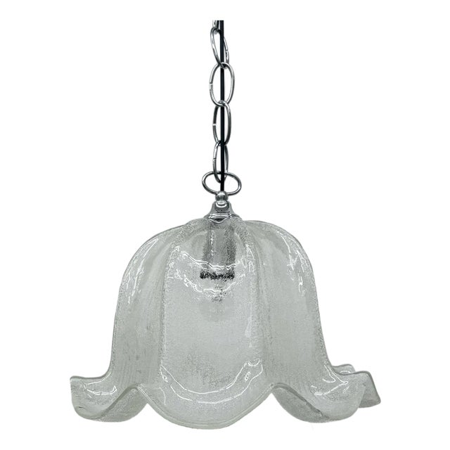 Mid-Century Bell-Shaped Ice Glass and Chrome Pendant Light, 1970s For Sale