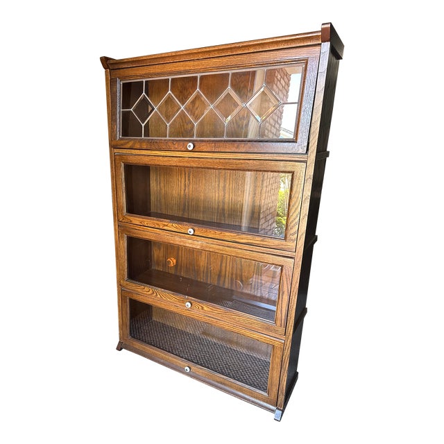 Mid Century Oak Wood Barrister Bookcase Lawyers Four Shelves Glass Doors Antique Vintage For Sale