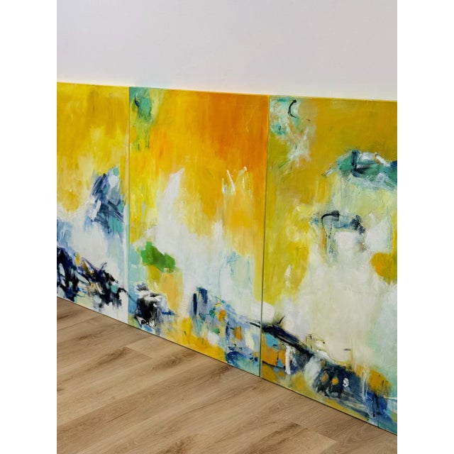 Yellow Set of 3 Modern Abstract Paintings Yellow Green Blue Wall Art Acrylic on Canvas For Sale - Image 8 of 16