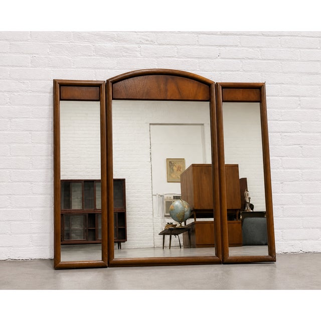1960s Large Mid Century Modern Walnut Three Panel Mirror, C. 1960's For Sale - Image 5 of 9