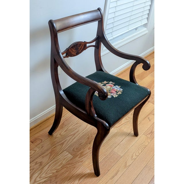 Set of 4 Duncan Phyfe / Regency-Revival Mahogany Dining Chairs, C. 1940s–60s — One Armchair, Needlepoint Seats For Sale - Image 10 of 12