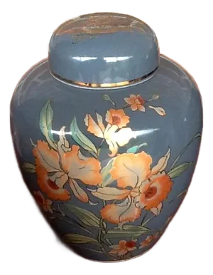 Glossy Gray & Peach Orchid Motif Ginger Jar