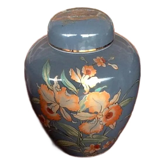 Glossy Gray With Peach Orchid Motif Ginger Jar For Sale