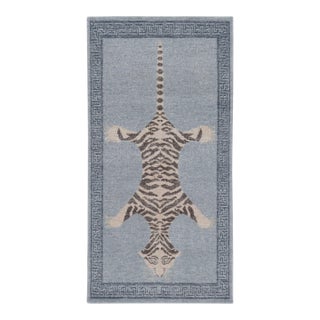 Rug & Kilim’s Distressed Tiger Runner Rug in Blue With Beige and Brown Pictorial For Sale