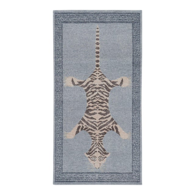 Rug & Kilim’s Distressed Tiger Runner Rug in Blue With Beige and Brown Pictorial For Sale