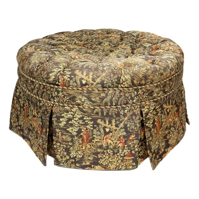 Round Chinoiserie Tufted Ottoman, Poof, Footstool, Vintage 1970’s-80’s For Sale