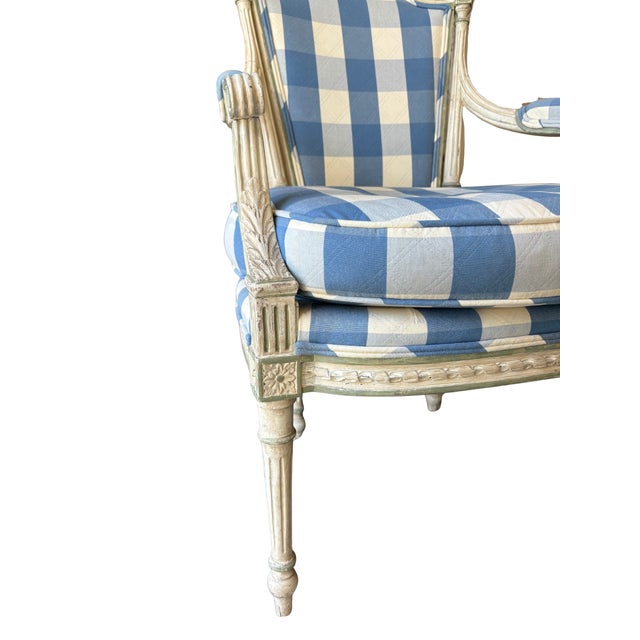 Mid 20th Century Carved Armchair With Blue Gingham Upholstery For Sale In Los Angeles - Image 6 of 12