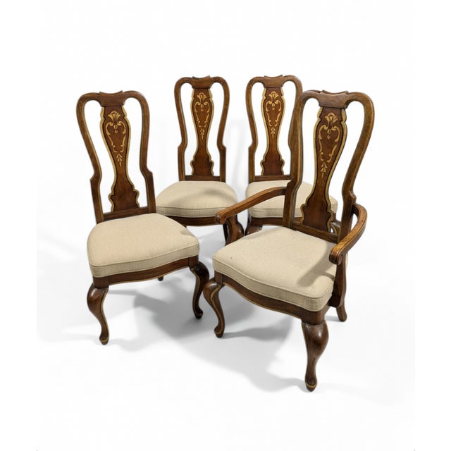 Textile Set of 6 Vintage Gilt-Inlaid Dining Chairs 2 Armchair + 4 Side Chairs With Gold Scrollwork, Cabriole Legs & French Provincial Sty For Sale - Image 7 of 16