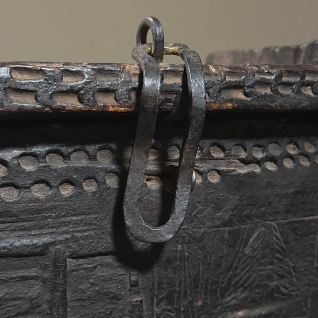 Wood Antique Hand Carved Folk Art Lidded Dowry Chest For Sale - Image 7 of 12