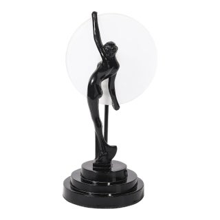 Art Deco Sculptural Nude Table Lamp in Black Enamel & Frosted Glass For Sale