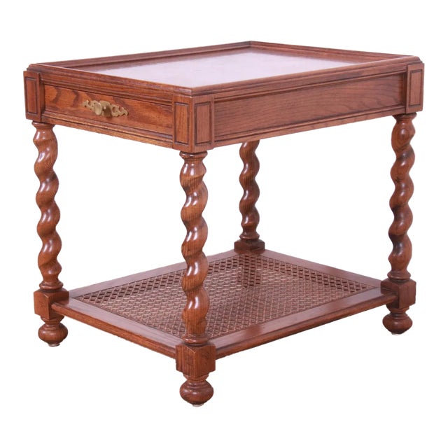 1970s Baker Furniture English Barley Twist Oak, Burl - and Cane Tea Table For Sale