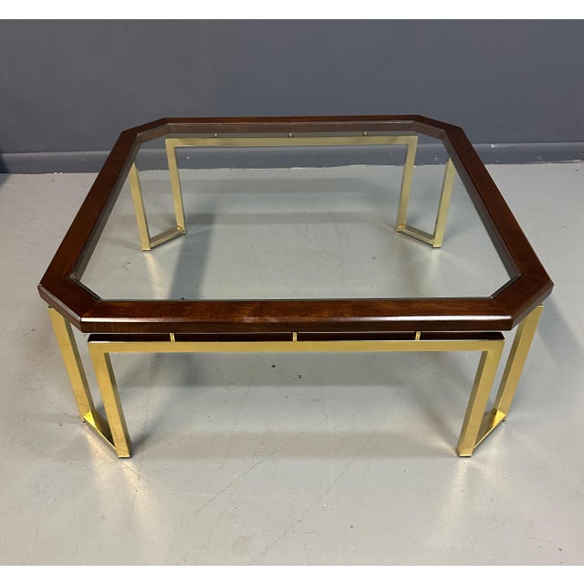 1980s Dia Mahogany and Brass Square Coffee Table Milo Baughman Style