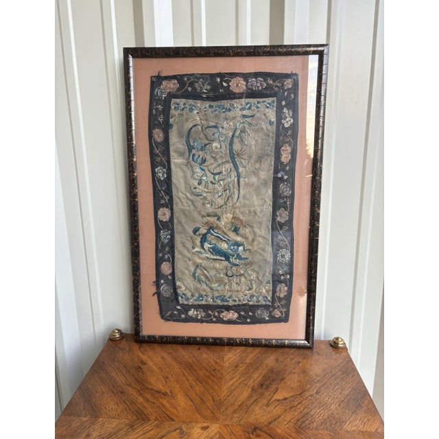 Chinese Vintage Embroidered Chinese Dragon Silk Tapestry Textile Art in Tortoise Frame For Sale - Image 3 of 10