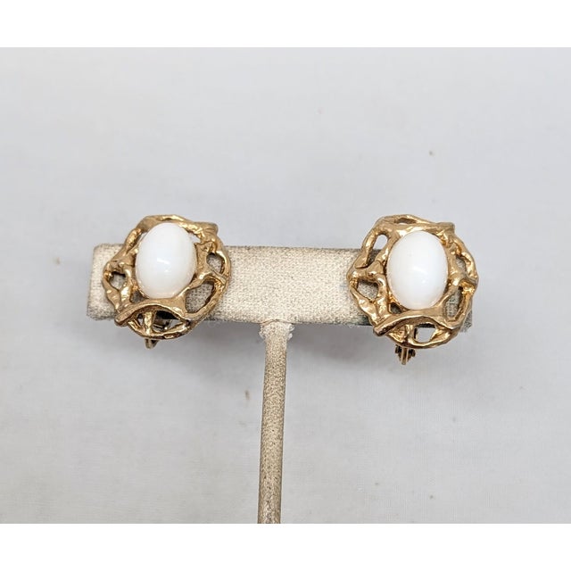 Napier Vintage 1973 Signed Napier Modernist Goldtone White Cabochon Clip Earrings - 2 Pieces For Sale - Image 4 of 7