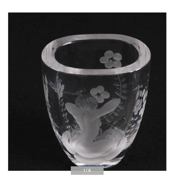 A circa 1920s sumptuous Lars Kjellander Swedish engraved glass vase. The substantial weighty vase features a thick, flat...