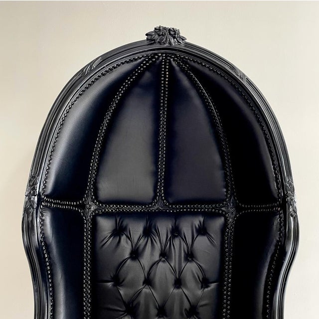 1960s French Balloon Chair Black Leather Throne Chair Canopy Chair