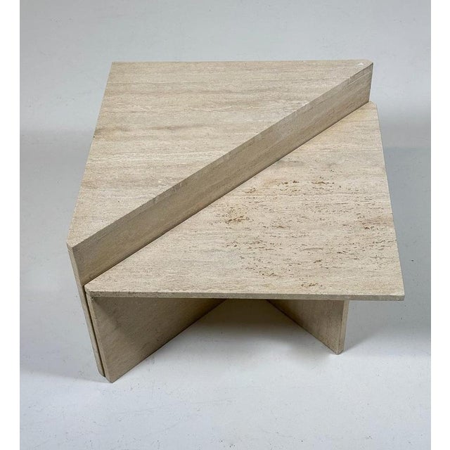 Pair of Low Triangular Travertine Tables Up & Up, 1970s Two parts : D: 42 cm (16.54") H: 40-30 cm (15.75-11.81") W: 81 cm...