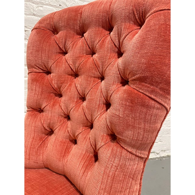 Victorian Tufted Slipper Chair | Pink Velvet Upholstery | Antique Accent Chair on Brass Casters, C. 1900's For Sale - Image 12 of 12