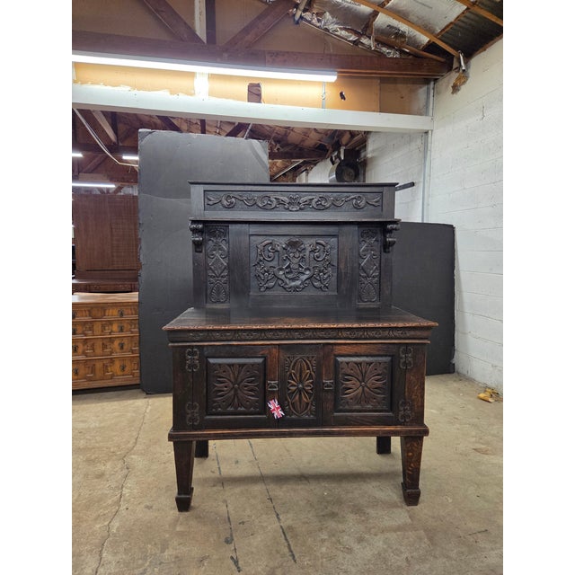 Unique 19th Century Oak Carved English Sideboard/Buffet With Tall Back For Sale - Image 4 of 11