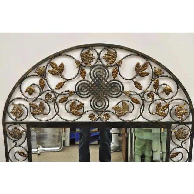 Mediterranean Late 20th Century LaBarge Italian Mediterranean Wrought Iron Flower Leaf Scroll Arched Wall Mirror For Sale - Image 3 of 10