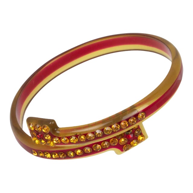 French Celluloid Bracelet Geometric Bypass Bangle with Orange and Red Crystal For Sale