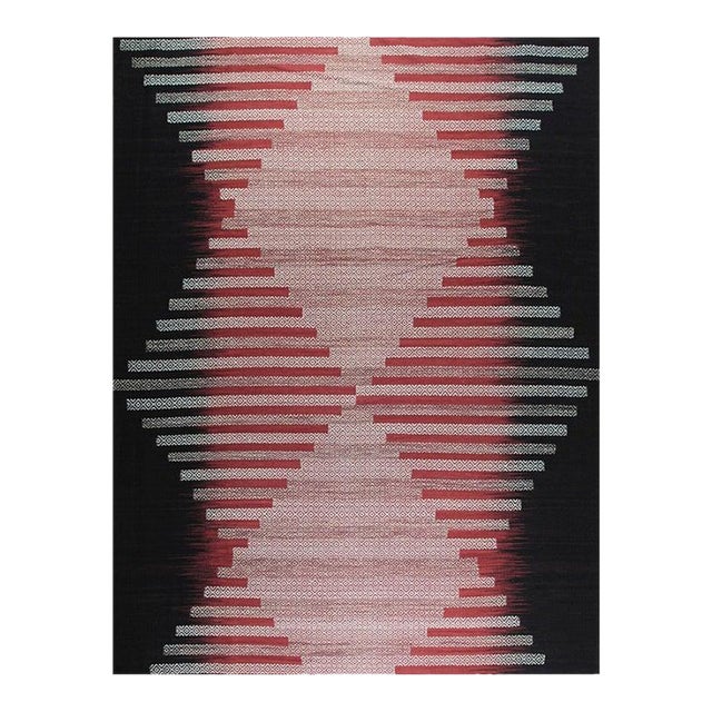 9x12 Black Flat Weave Wool Hourglass Motif Pattern Geometric Modern Carpet Rug For Sale