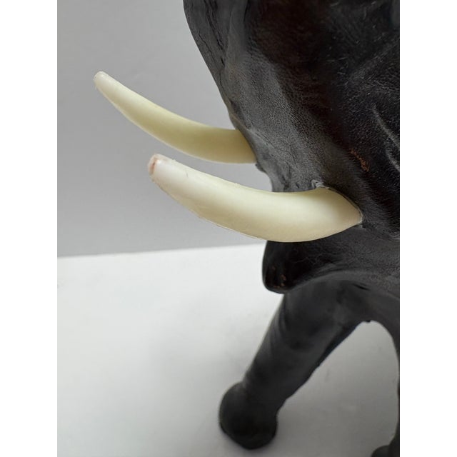 Vintage Leather Elephant Figurine Large Black Trunk Up Good Luck Decor Boho Safari Mid Century For Sale - Image 4 of 10
