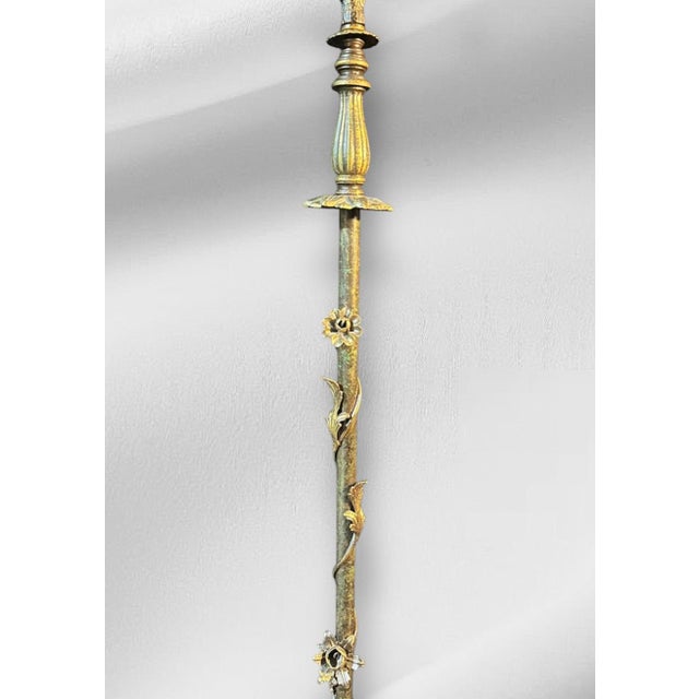 1910s Ornate Brass Bridge Lamp With Floral Shade For Sale - Image 9 of 15