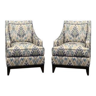 Pair of Upholstered Club / Accent Chairs With Ikat Design For Sale