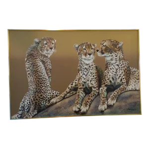 Contemporary Realist African Cheetah Family Oil Painting by Antoinette, Framed