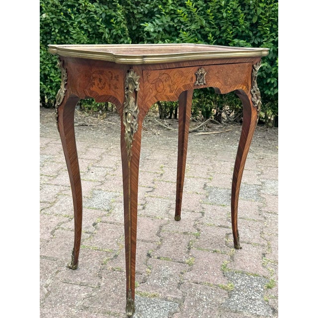 1860 French Artisan Louis XV Brown Marquetry Center Table-1 Pc For Sale - Image 12 of 17