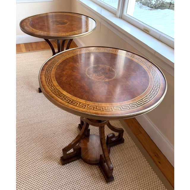 French Neoclassical Side Tables in Burlwood and Brass, Set of 2 An outrageously disciplined pair of Russian Neoclassical...