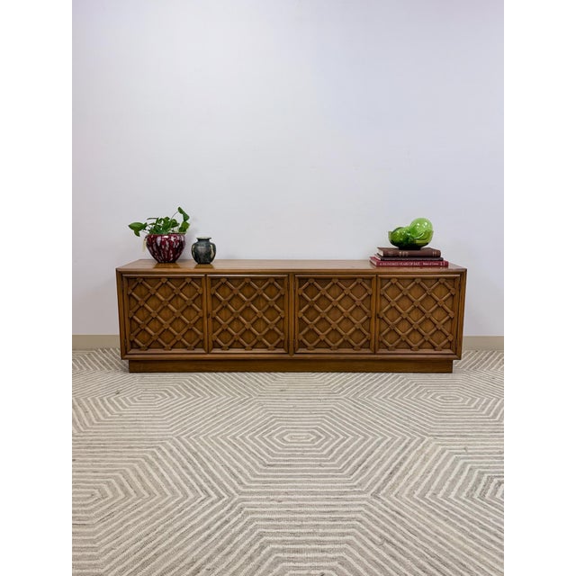Drexel Collage MCM Low Console Lattice Door Faces Vintage Credenza Finished Back For Sale - Image 15 of 16