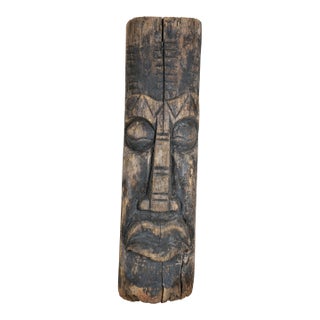 Late 20th Century Large Hand Carved Driftwood Tiki Head Totem Tribal Face Sculpture Statue Log 25" For Sale
